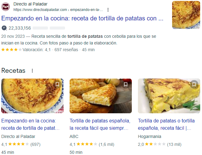 Pantallazo de la búsqueda receta de tortilla de patatas
