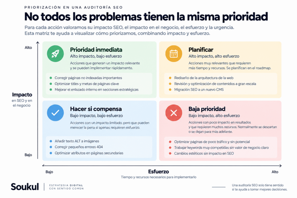 Matriz para priorizar acciones en una auditoría SEO según impacto y esfuerzo.